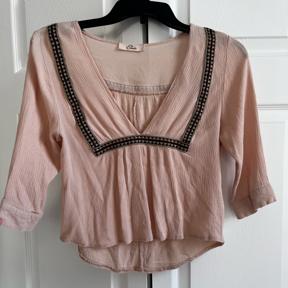 3/4 boho sleeve tan top with cute detailing on the front